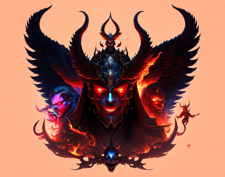 Digital artwork: Demonic figure with fiery eyes, black wings, and horns, accompanied by spectral creatures