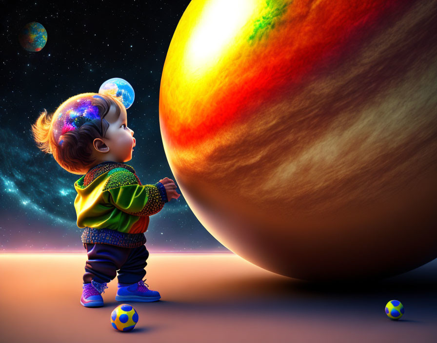 Toddler in Colorful Outfit Gazing at Massive Planet on Starry Sky