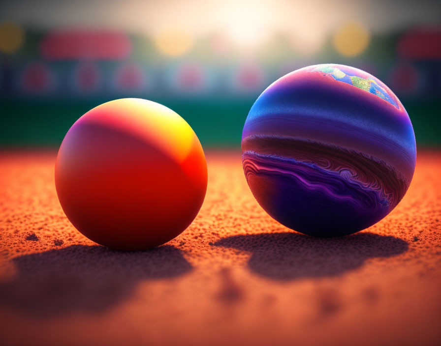 Gradient-colored spheres on textured surface with blurred background.