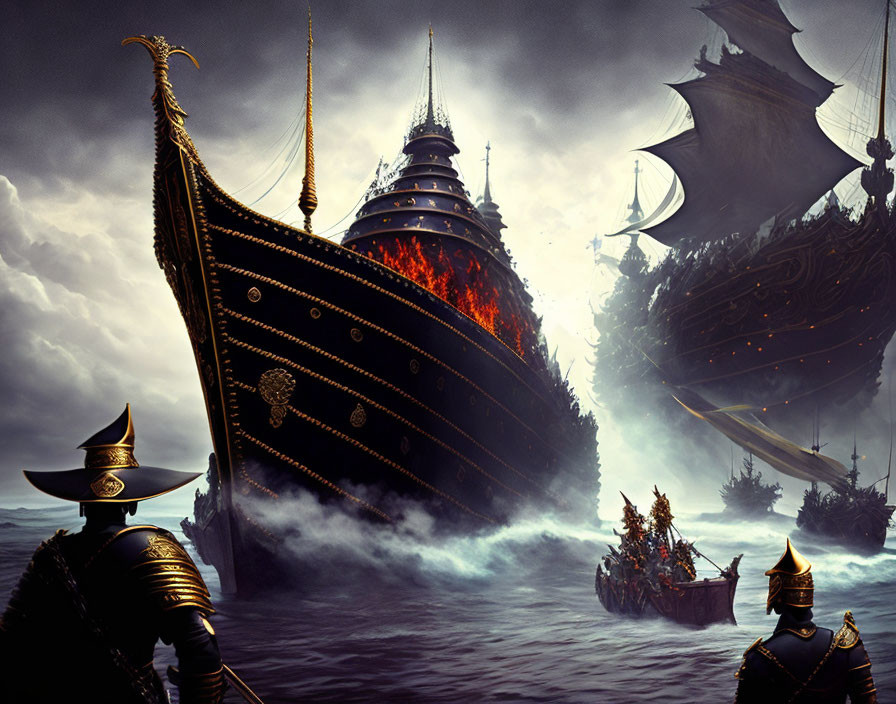 Dark fantasy armada sailing on stormy sea with fiery motifs and warriors under brooding sky