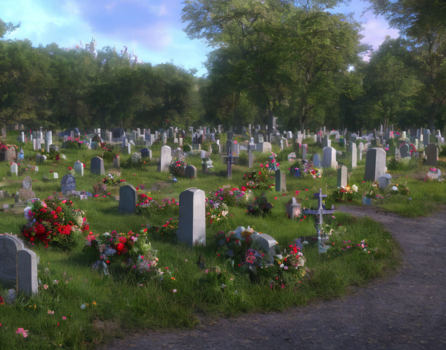 Tranquil cemetery with tombstones, greenery, and flowers in soft sunlight