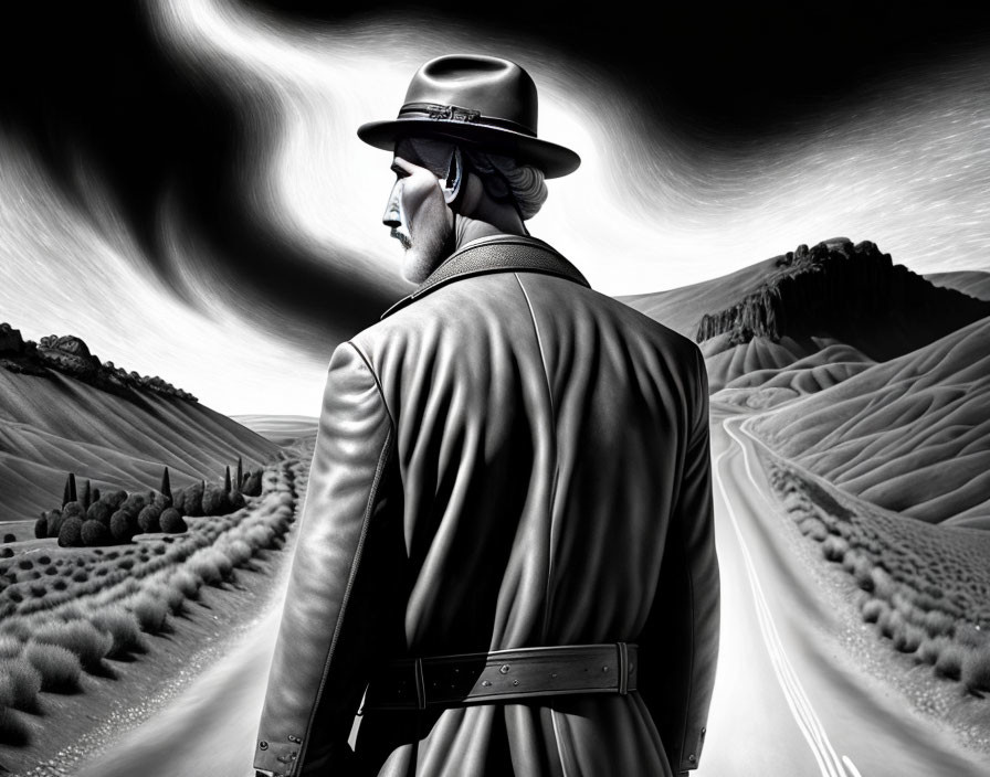 Monochrome art: Man in trench coat and fedora hat in surreal landscape