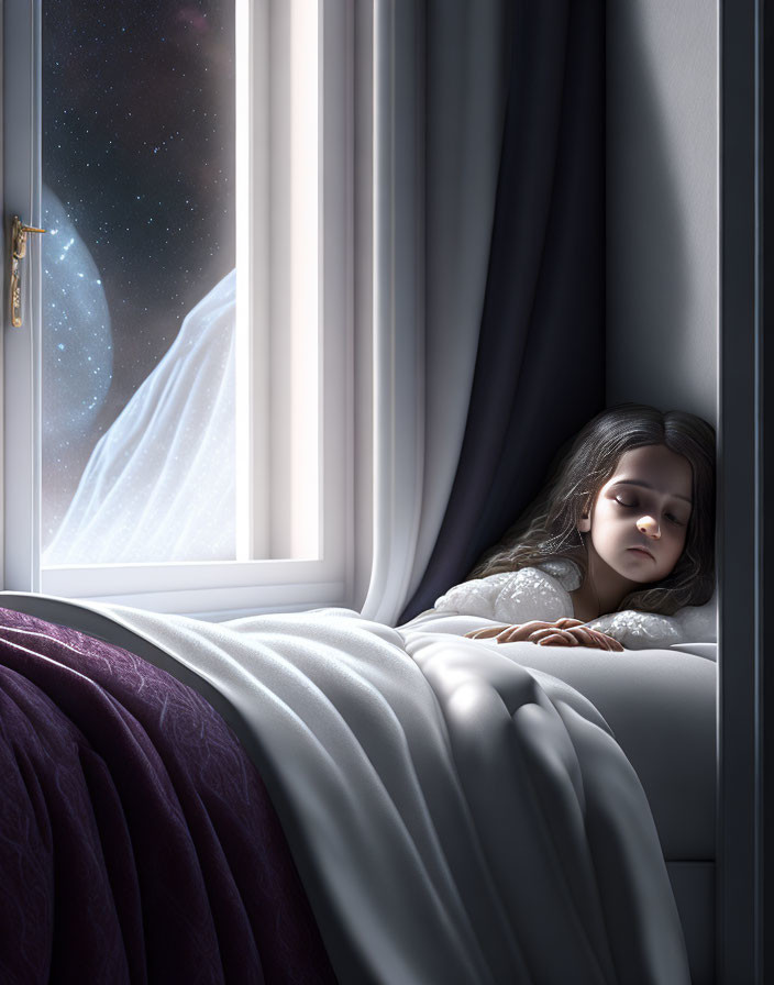 Young girl peacefully sleeping next to open window under starry sky.