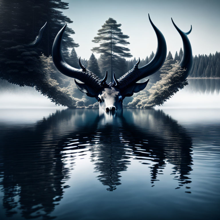 Large Skull with Elongated Horns Over Reflective Lake in Misty Forestscape