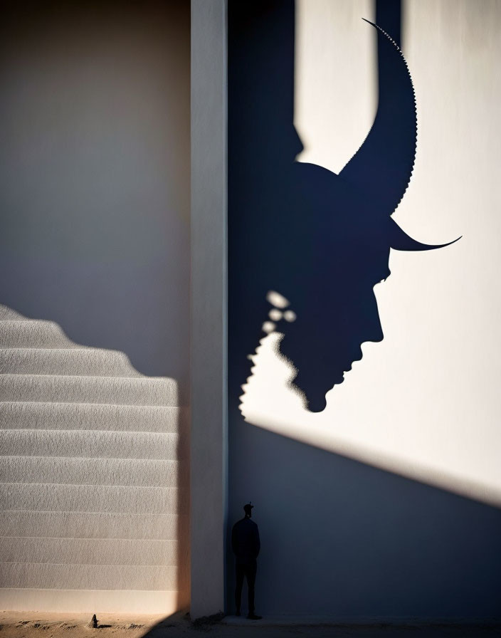 Profile of person next to ornate bull sculpture in shadow