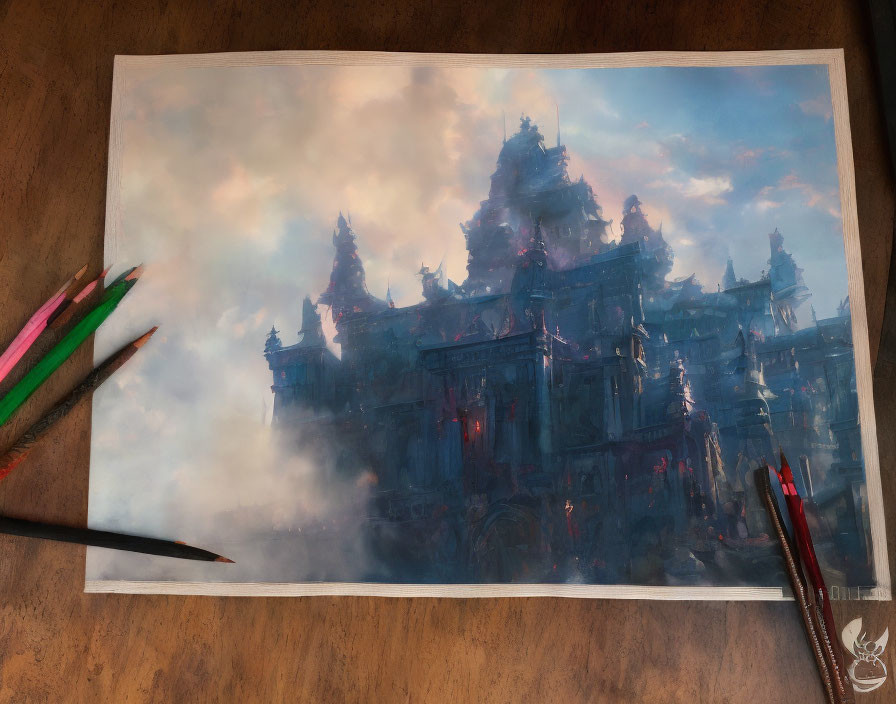 Intricate Fantasy Castle Drawing with Spires and Paintbrush