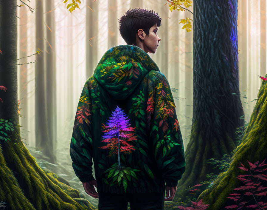 Person in Vibrant Forest-Patterned Hoodie in Misty Woodland