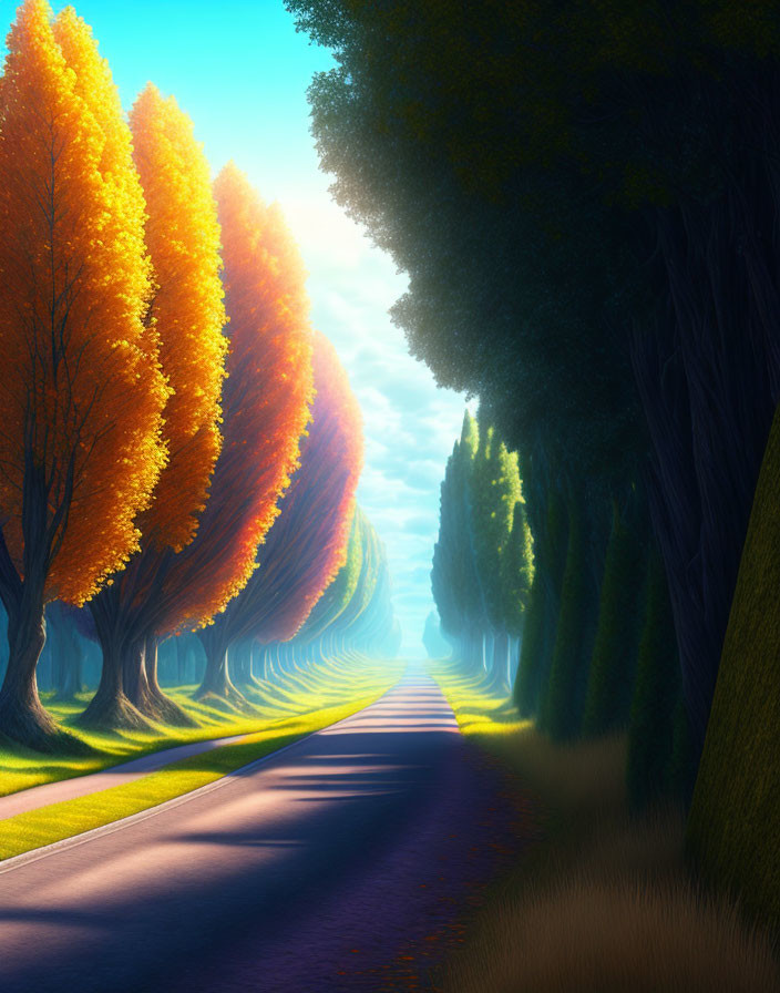 Scenic road with autumn and green trees under sunlit sky