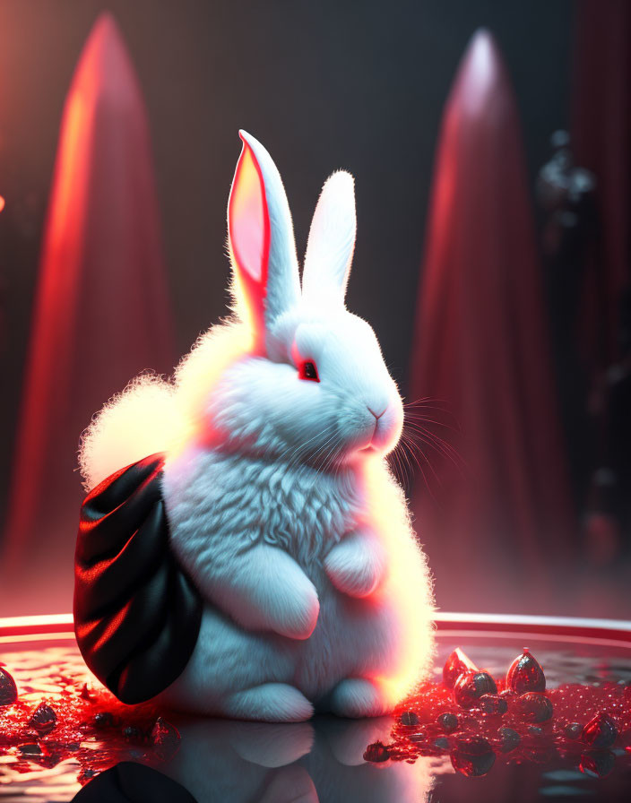 Fluffy white rabbit in red-lit environment with glowing red eyes