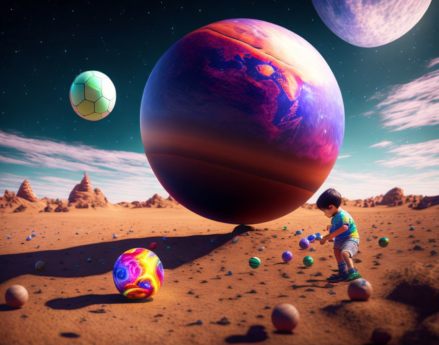 Child playing with balls in surreal space-like environment