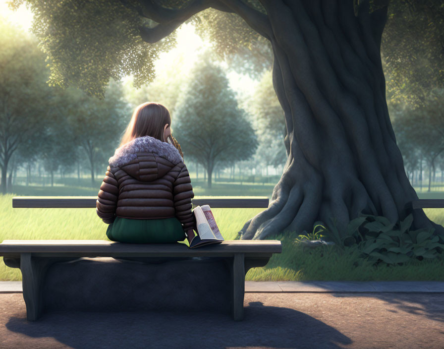 Person reading book on bench in serene park setting