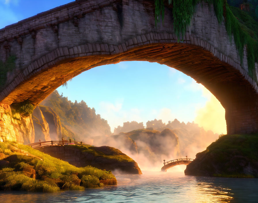 Ancient stone bridge over serene river with lush greenery at sunrise