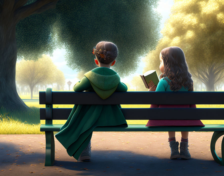 Two girls on park bench in serene landscape.