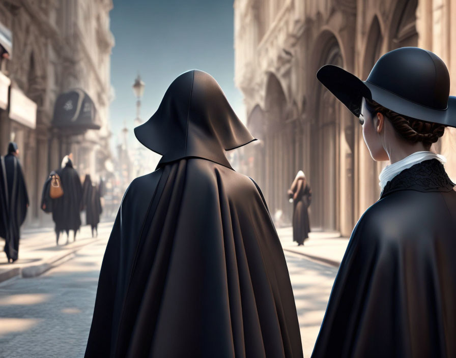 Stylized characters in historical cityscape with pedestrians