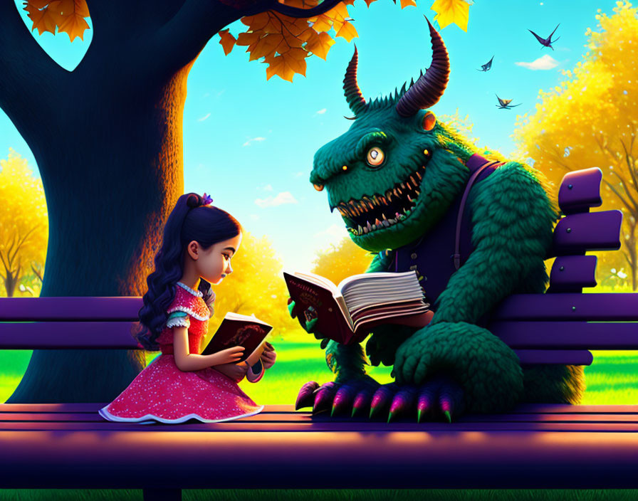 Young girl and friendly monster reading books on park bench on sunny day