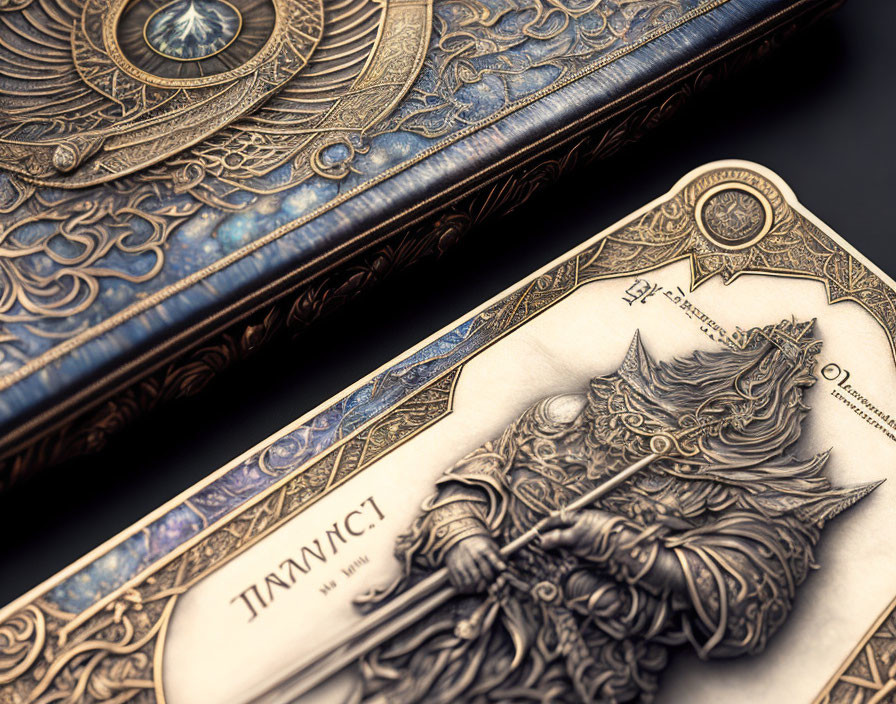 Intricately designed playing cards with warrior illustration