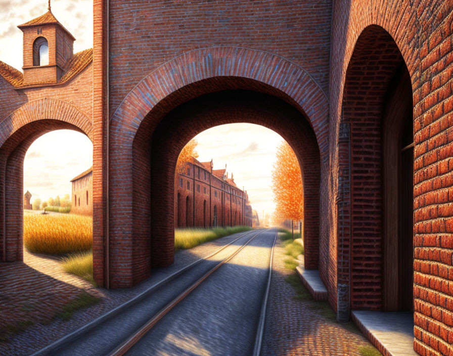 Brick arches over railroad track to autumnal building under warm sunset sky