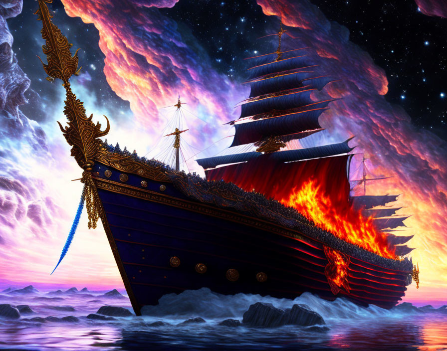 Ornate ship with golden embellishments sails through cosmic sea