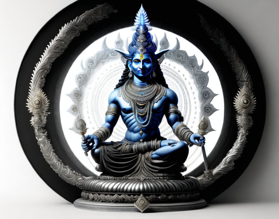 Detailed Lord Shiva sculpture with multiple arms and serpent in circular frame