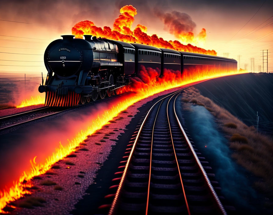 Vintage Train on Fiery Tracks at Sunset Pulling Carriages