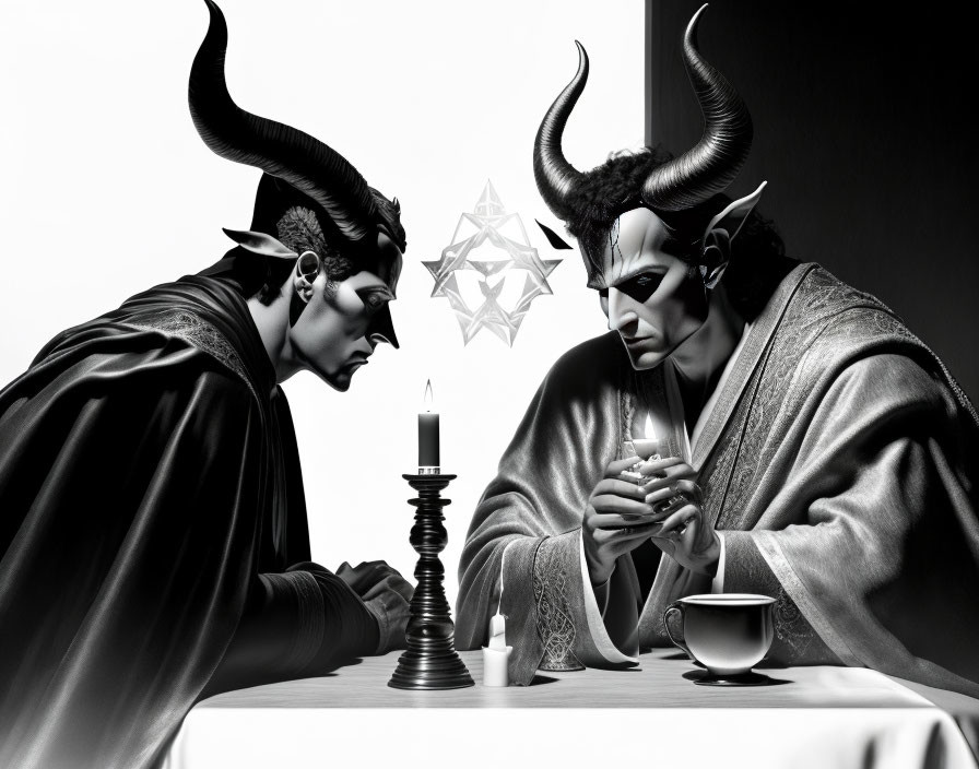 Monochromatic figures with horns playing chess on reflective surface