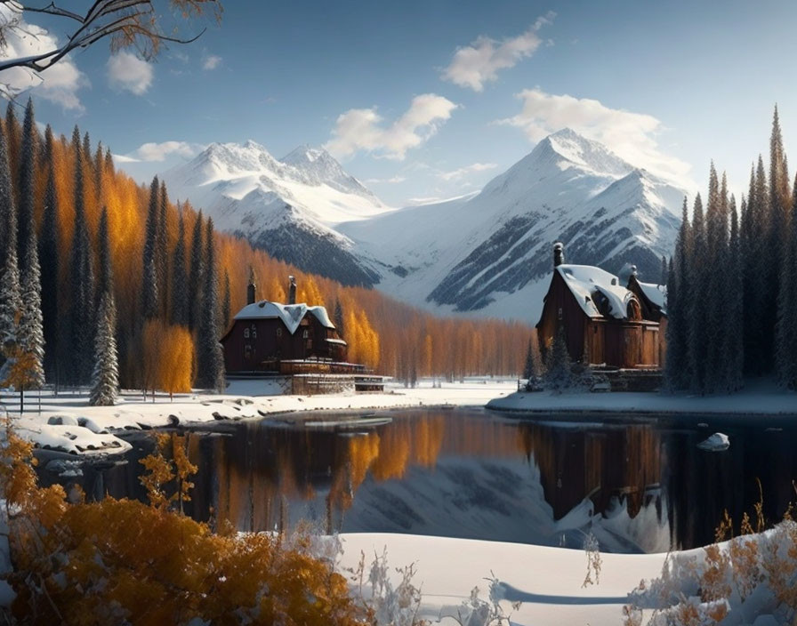 Snow-covered chalets by reflective lake in winter scene with mountains.