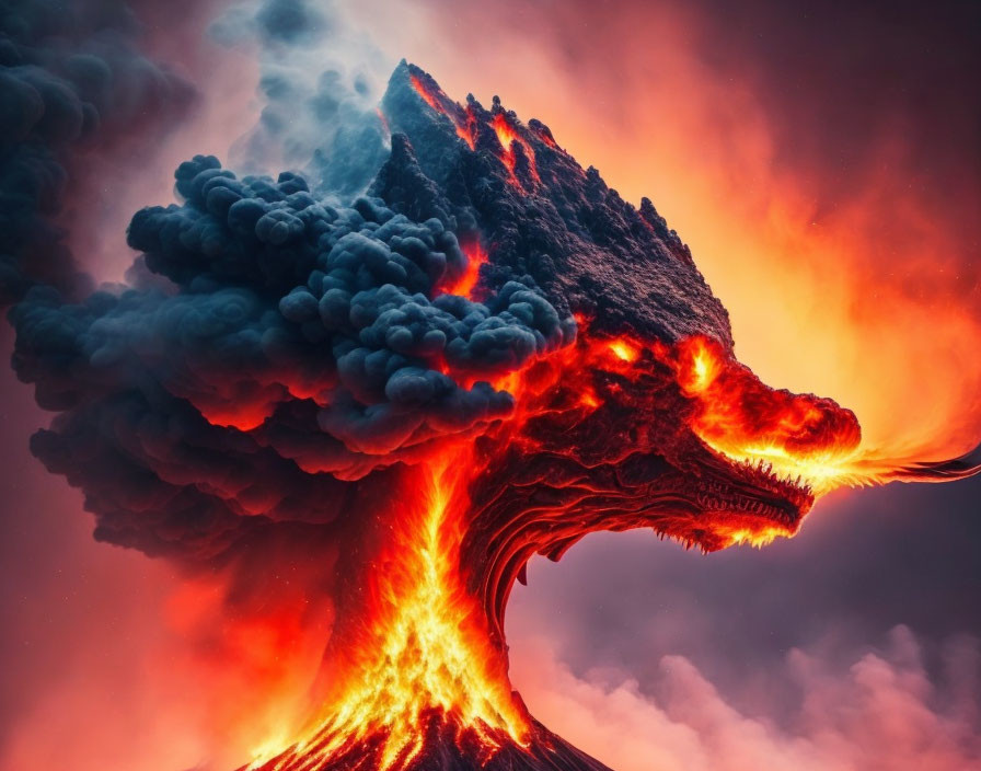 Intense Volcanic Eruption: Red Flames, Dark Smoke, Dragon-Like Lava