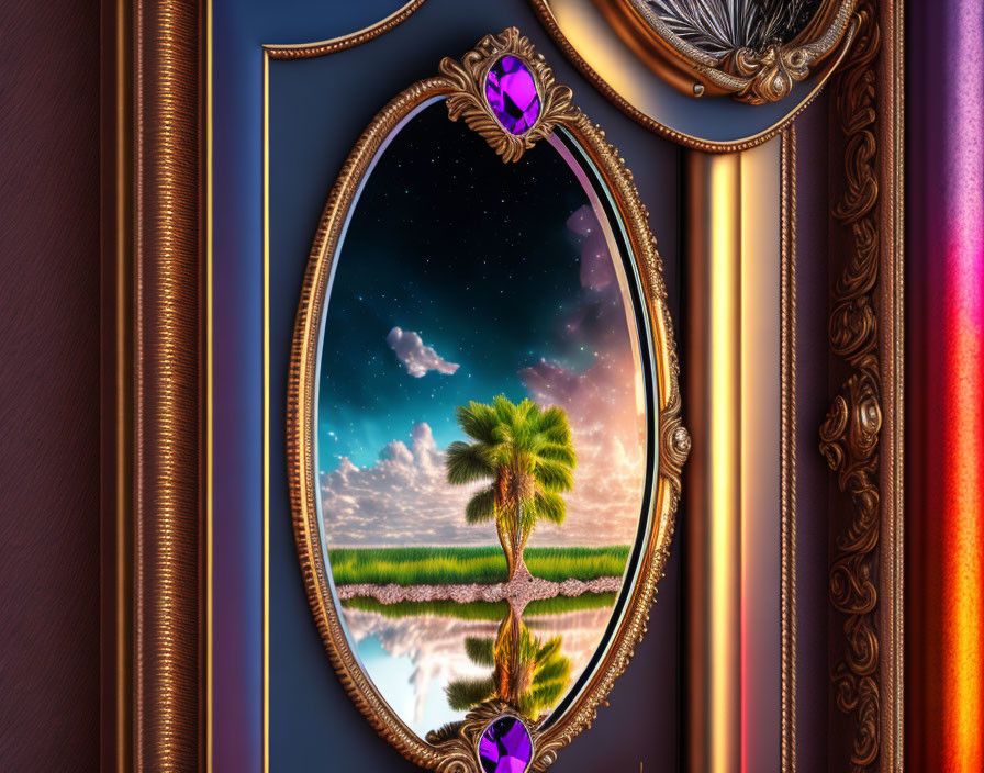 Framed mirror showing surreal landscape with palm tree, lake, and starry sky.