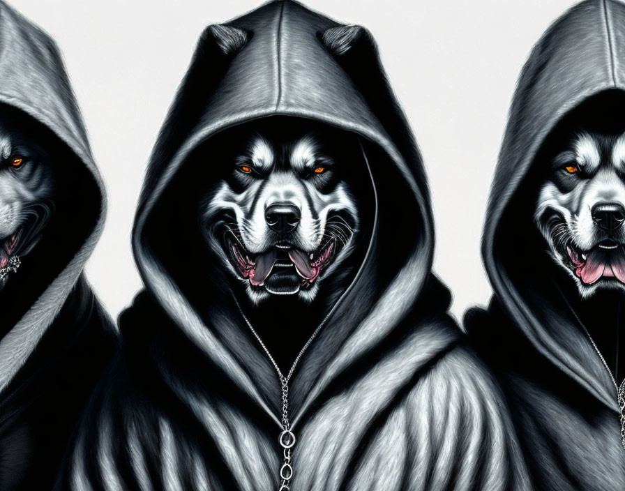 Three dogs in hoodies on white background: unique and striking image