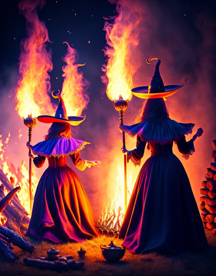 Two witches with pointy hats by large fire at night with staffs emitting flames.