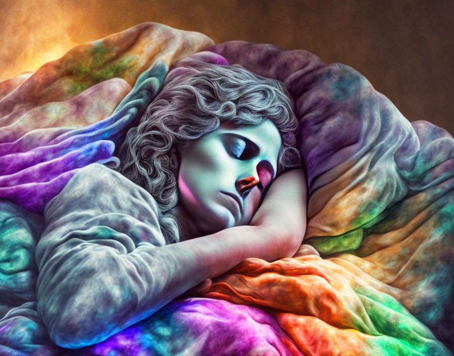 Vibrant Artistic Representation of Sleeping Figure with Flowing Hair