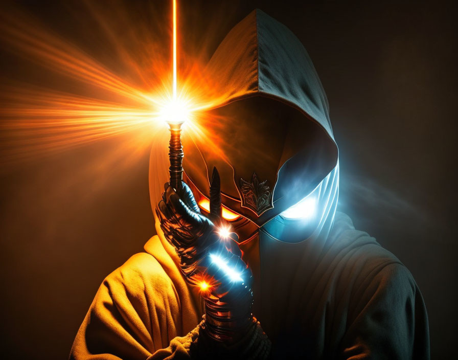 Cloaked figure with blue visor wields glowing lightsaber