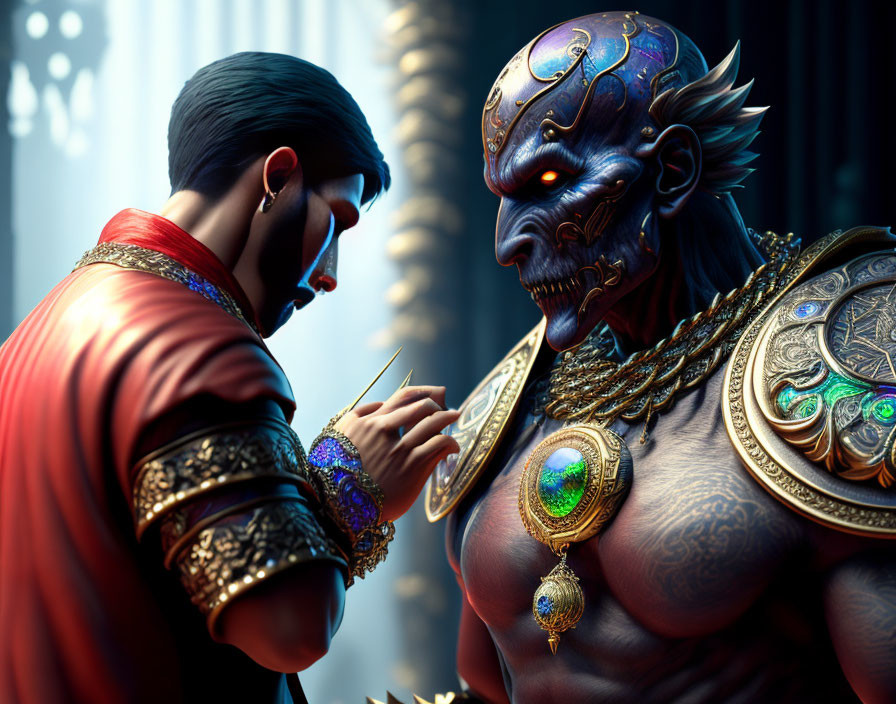 Regal man confronts blue-skinned armored being in tense scene