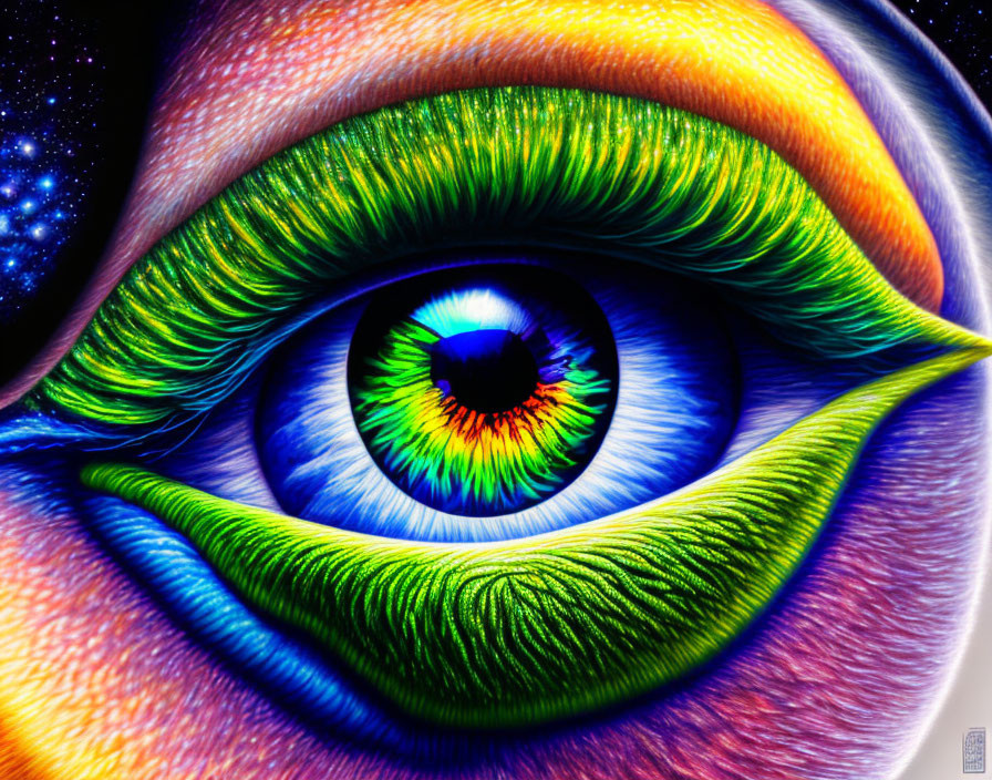 Detailed human eye with multicolored iris on cosmic background