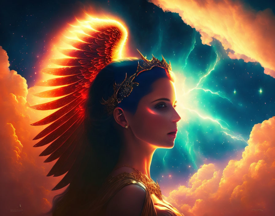 Profile view of woman with angelic wings in dramatic sky with warm, otherworldly glow