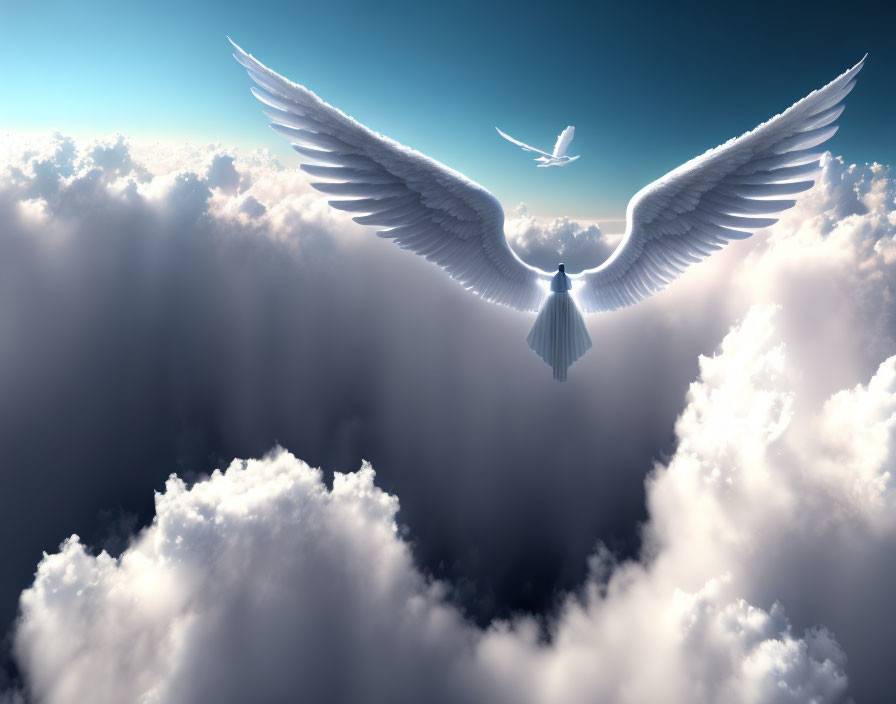 Majestic white dove soaring over clouds in blue sky