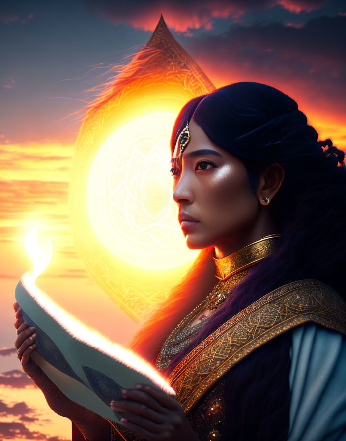 Mystical woman with headpiece and glowing symbol at sunset