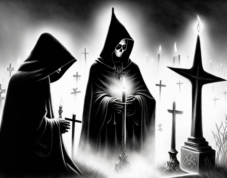 Eerie hooded figures with skull faces in foggy graveyard