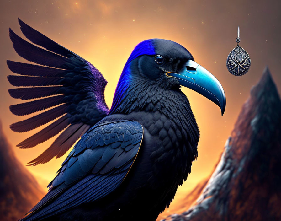 Majestic raven with outstretched wings in mystical pendant scene