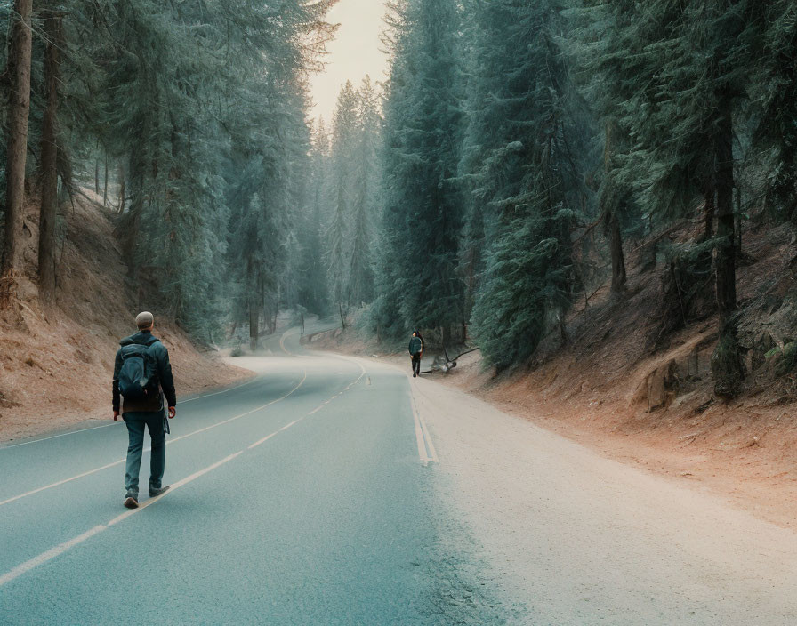 Curving road with two people walking among tall pine trees