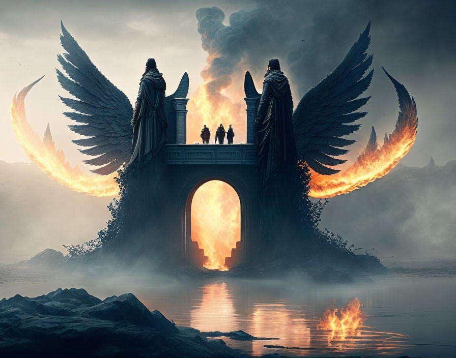 Monumental statues with fiery wings flank arched gateway in misty landscape