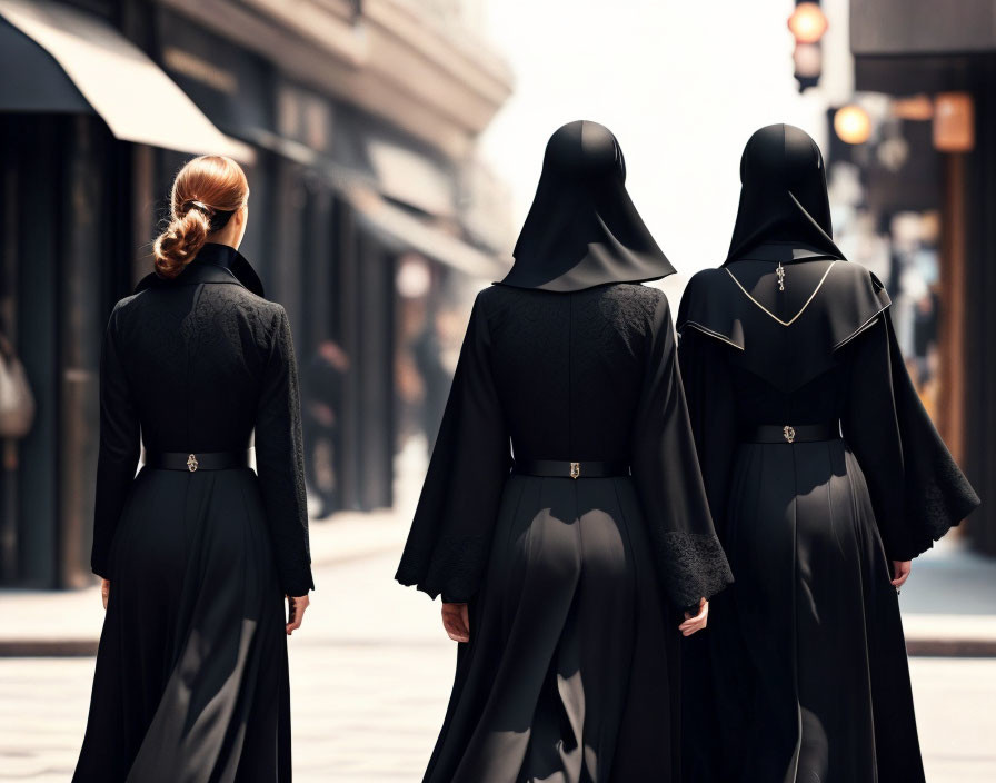 Three women in stylish black outfits with distinctive back designs strolling in urban setting.