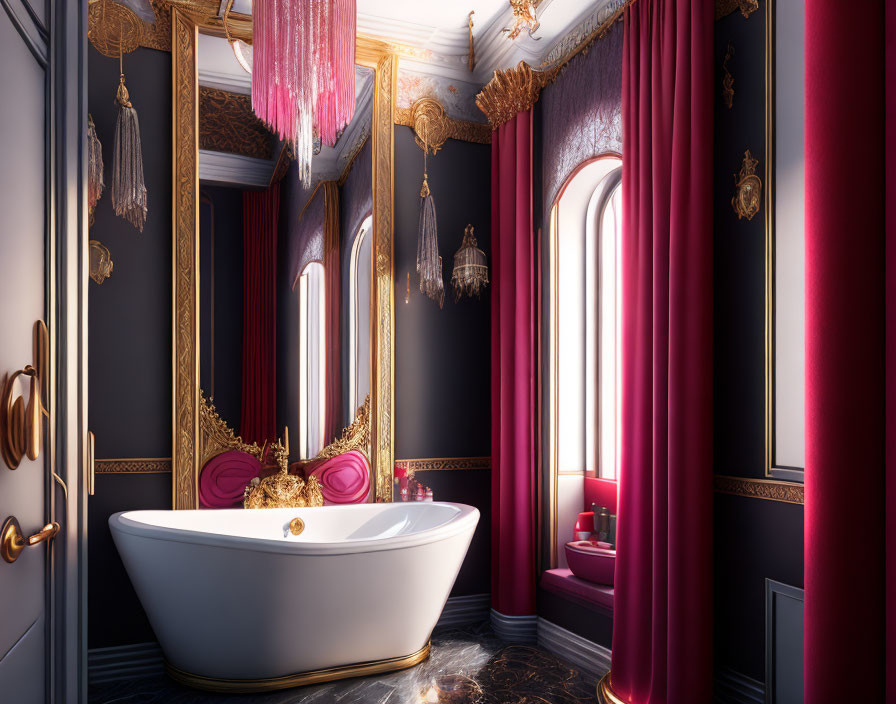 Luxurious Bathroom with White Tub, Dark Walls, Gold Accents, Marble Floor, and Red Curt