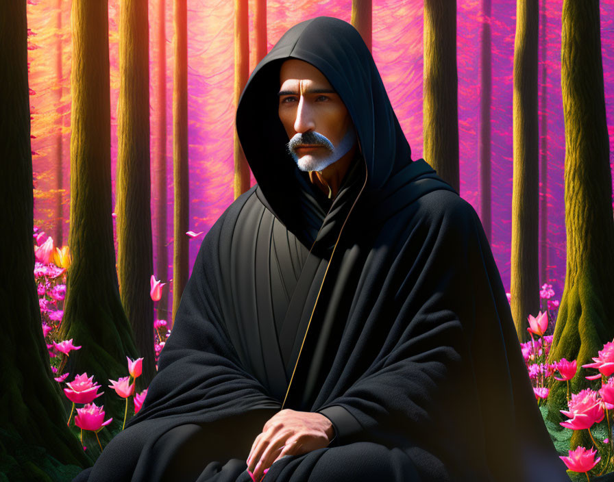 Bearded man in black cloak surrounded by pink flowers in magical forest landscape