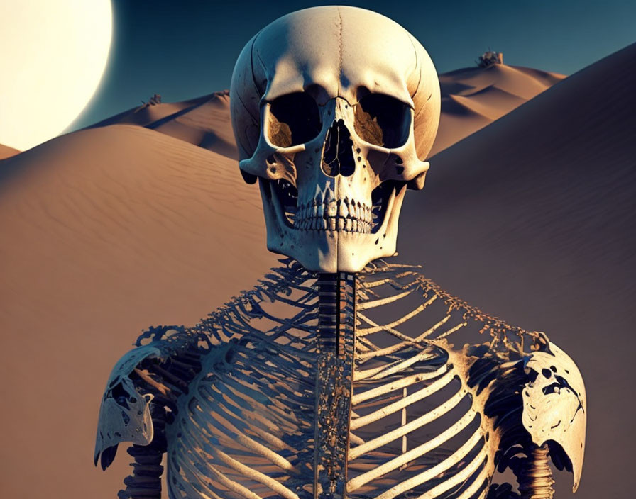 Skeletal figure in desert with sand dunes and large planet in sky