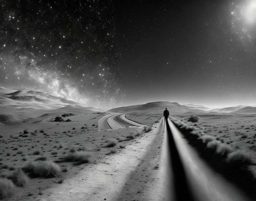 Monochromatic image of person in desert under starry night