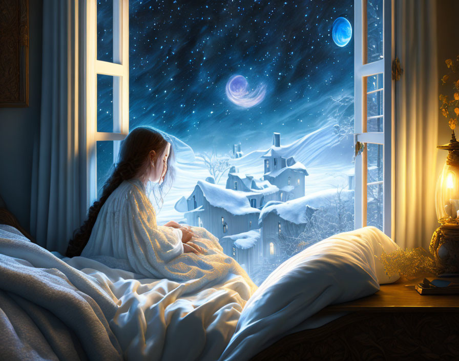 Woman looking out window at snowy night with planet and stars