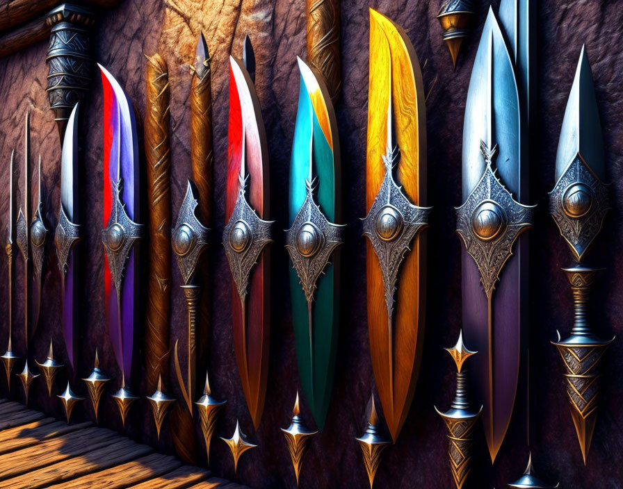 Array of ornate fantasy swords with colorful blades and intricate hilts on wooden backdrop