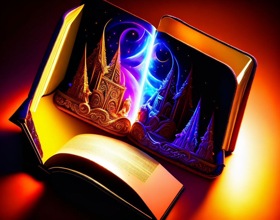 Open book with magical castle and swirling energy illustrations on warm backdrop