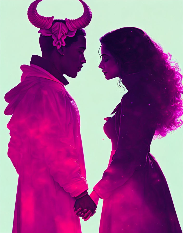 Silhouetted couple holding hands in neon pink and purple hues with fantasy twist.